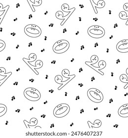Cute kawaii music notes. Seamless pattern. Coloring Page. Funny cartoon character. Hand drawn style. Vector drawing. Design ornaments.
