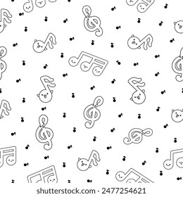 Cute kawaii music notes. Seamless pattern. Coloring Page. Funny cartoon character. Hand drawn style. Vector drawing. Design ornaments.