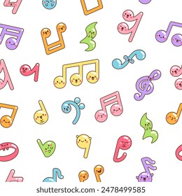 Cute kawaii music notes. Seamless pattern. Funny cartoon character. Hand drawn style. Vector drawing. Design ornaments.