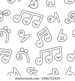 Cute kawaii music notes. Seamless pattern. Coloring Page. Funny cartoon character. Hand drawn style. Vector drawing. Design ornaments.