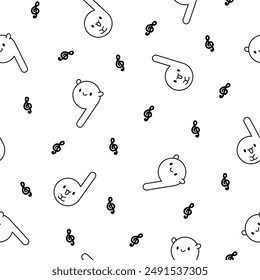 Cute kawaii music notes. Seamless pattern. Coloring Page. Funny cartoon character. Hand drawn style. Vector drawing. Design ornaments.
