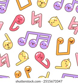 Bonitas notas musicais kawaii. Padrão contínuo. Engraçado personagem de desenho animado. Estilo desenhado à mão. Desenho vetorial. Desenhar ornamentos.