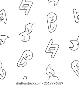 Cute kawaii music notes. Seamless pattern. Coloring Page. Funny cartoon character. Hand drawn style. Vector drawing. Design ornaments.