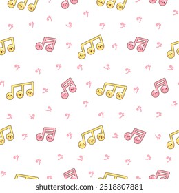 Cute kawaii music notes. Seamless pattern. Funny cartoon character. Hand drawn style. Vector drawing. Design ornaments.