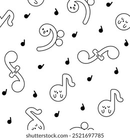 Cute kawaii music notes. Seamless pattern. Coloring Page. Funny cartoon character. Hand drawn style. Vector drawing. Design ornaments.