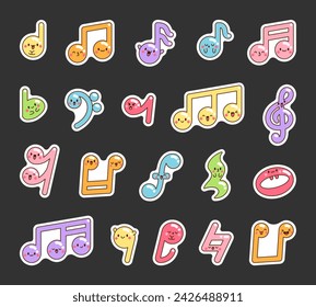 Cute kawaii music notes. Sticker Bookmark. Funny cartoon character. Hand drawn style. Vector drawing. Collection of design elements.