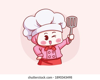 Cute and kawaii muslim female chef wearing Hijab Holding Spatula Manga Chibi Illustration