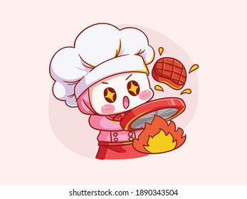 Cute and kawaii muslim female chef wearing Hijab cook meat Manga Chibi Illustration