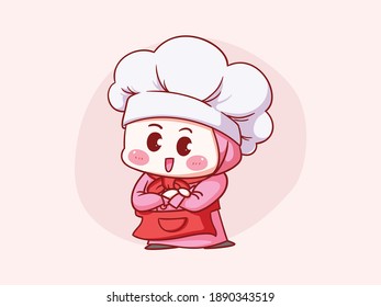 Cute and kawaii muslim female chef wearing Hijab Crossed Hand Manga Chibi Illustration