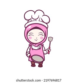 Cute and kawaii muslim female chef wearing Hijab  Manga Chibi Illustration