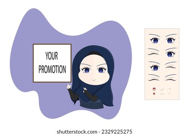 Cute and kawaii cute Muslim hijab girl wearing a headscarf with a pointing finger. suitable for showing product or service promos