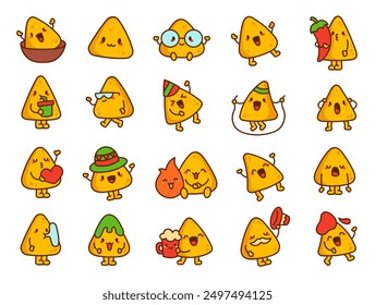 Cute kawaii nachos character. Funny cartoon food. Hand drawn style. Vector drawing. Collection of design elements.
