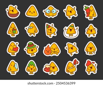 Cute kawaii nachos character. Sticker Bookmark. Funny cartoon food. Hand drawn style. Vector drawing. Collection of design elements.