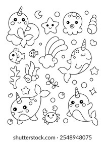 Cute kawaii narwhal collection doodle coloring page