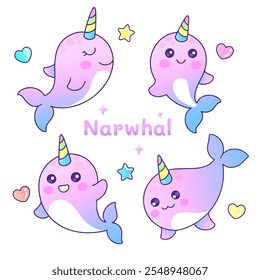 Vetor de coleção de narval kawaii bonito