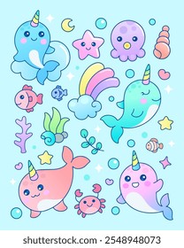 Ilustração de vetor de coleção de narval kawaii bonito