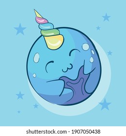 Cute Kawaii Narwhal In The Water Among The Stars