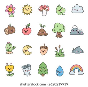 Cute kawaii nature cartoon characters with flowers, trees, fruits, weather, sky, leaves, mushrooms, mountains, rocks, plants, clouds and drops
