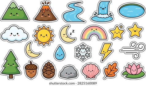 Cute kawaii nature elements sticker bundle featuring mountains, volcano, river, waterfall, lake, clouds, sun, moon, rainbow, stars, snowflake, lightning, wind, pine tree, acorns, pinecones, rocks, leaves, and lotus. Clean flat vector illustrations with bold outlines, rounded shapes, white die-cut borders, and isolated objects on a pure white background. Ideal for stickers, planners, stationery, educational materials, children's designs, outdoor themes, printable projects, and commercial artwork.