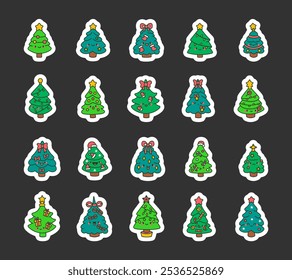 Cute kawaii new year tree. Sticker Bookmark. Holiday decorated character. Hand drawn style. Vector drawing. Collection of design elements.