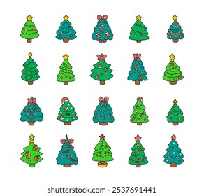 Cute kawaii new year tree. Holiday decorated character. Hand drawn style. Vector drawing. Collection of design elements.