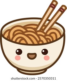 Cute kawaii noodle bowl with happy face and chopsticks