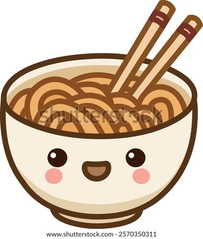 Cute kawaii noodle bowl with happy face and chopsticks