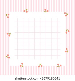 Cute kawaii Note template square vector frame with cherries. Cartoon hand-drawn doodle style. Perfect for stationery, design stickers for notes, notebook sheets, posts for social networks