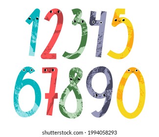 Cute kawaii number characters: one, two, three, four, five, six, seven, eight, nine, zero. Funny mathematics for kids. Math symbol with smiling face: 1, 2, 3, 4, 5, 6, 7, 8, 9, 0. Vector flat cartoon