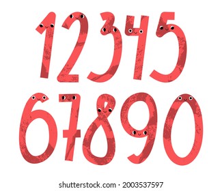 Cute kawaii number characters: one, two, three, four, five, six, seven, eight, nine, zero. Funny kids mathematics. Pink math symbol with smiling face: 1, 2, 3, 4, 5, 6, 7, 8, 9, 0. Vector flat cartoon