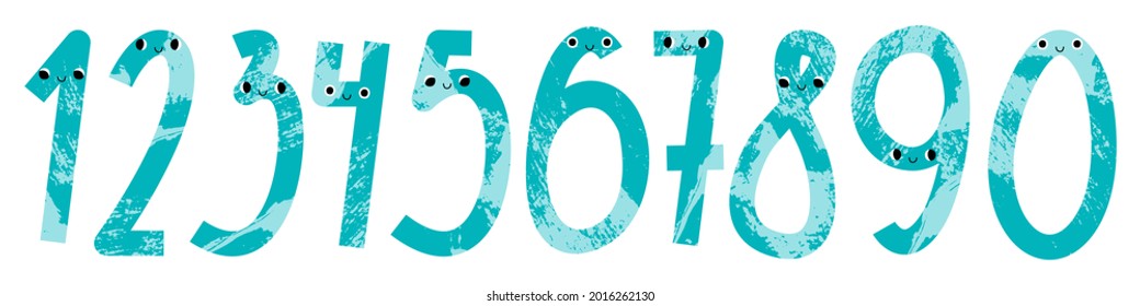 Cute kawaii number characters: one, two, three, four, five, six, seven, eight, nine, zero. Funny kids mathematics. Pink math symbol with smiling face: 1, 2, 3, 4, 5, 6, 7, 8, 9, 0. Vector flat cartoon