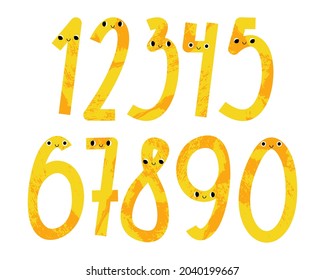 Cute kawaii number characters: one, two, three, four, five, six, seven, eight, nine, zero. Funny kids mathematics. Math symbol with smiling face: 1, 2, 3, 4, 5, 6, 7, 8, 9, 0. Vector flat cartoon