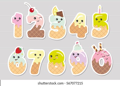 Cute kawaii numbers made of sweets. Funny stickers for kids birthday design. Vector illustration.