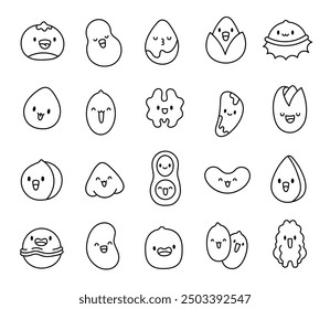 Cute kawaii nuts with funny faces. Coloring Page. Adorable cartoon food characters. Hand drawn style. Vector drawing. Collection of design elements.