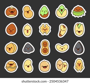 Cute kawaii nuts with funny faces. Sticker Bookmark. Adorable cartoon food characters. Hand drawn style. Vector drawing. Collection of design elements.