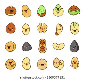 Cute kawaii nuts with funny faces. Adorable cartoon food characters. Hand drawn style. Vector drawing. Collection of design elements.