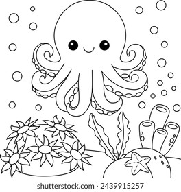 Cute Kawaii Octopus Cartoon Character Coloring Page Vector Illustration 