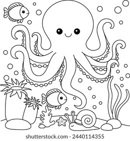 Cute Kawaii Octopus Cartoon Character Coloring Page Vector Illustration 