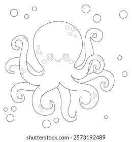 Cute Kawaii Octopus Cartoon Character Coloring Page Vector Illustration