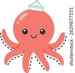 Cute Kawaii Octopus Character with Paper Sailor Hat – Smiling Flat Vector Illustration for Sticker and Printable Designs