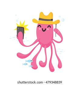 Cute kawaii octopus taking selfie with phone camera cartoon isolated vector illustration