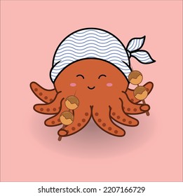 Cute Kawaii Octopus Takoyaki Vector Design Illustration Line Art