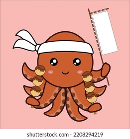 Cute Kawaii Octopus Takoyaki Vector Design Illustration Line Art