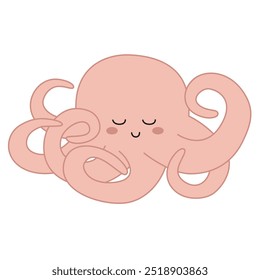 Lindo pulpo kawaii. Dibujo plano de Vector, dibujos animados, doodle. Postal, cartel, decoración de la habitación de los niños, impresión de la camiseta de los niños, impresión para la ropa de los niños.