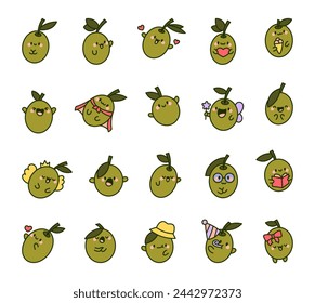 Cute kawaii olive with leaf. Happy food cartoon character. Hand drawn style. Vector drawing. Collection of design elements.