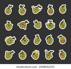 Cute kawaii olive with leaf. Sticker Bookmark. Happy food cartoon character. Hand drawn style. Vector drawing. Collection of design elements.