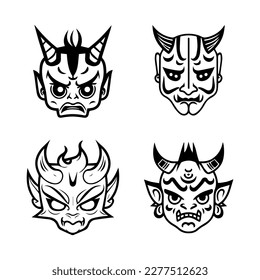 cute kawaii oni mask collection set hand drawn line art illustration