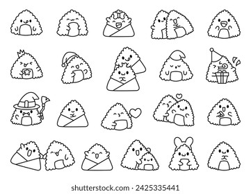 Lindo kawaii onigiri. Página para colorear. Caricatura de sushi divertido. arroz asiático y comida nori. Estilo dibujado a mano. Dibujo vectorial. Colección de elementos de diseño.