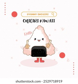 Cute Kawaii Onigiri Rice Ball. Japanese food character illustration. A traditional Japanese rice ball, often wrapped with a sheet of seaweed (nori) and filled with various ingredients.