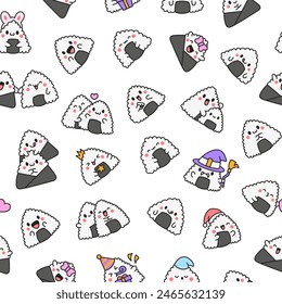 Cute kawaii onigiri. Seamless pattern. Funny sushi cartoon character. Asian rice and nori food. Hand drawn style. Vector drawing. Design ornaments.